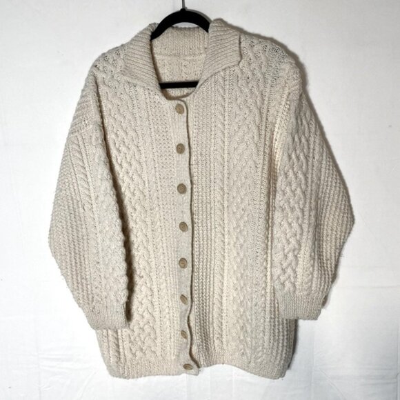 Vintage Sweaters - Vintage Oversized Ecru Cable Knit Button Front Cardigan M